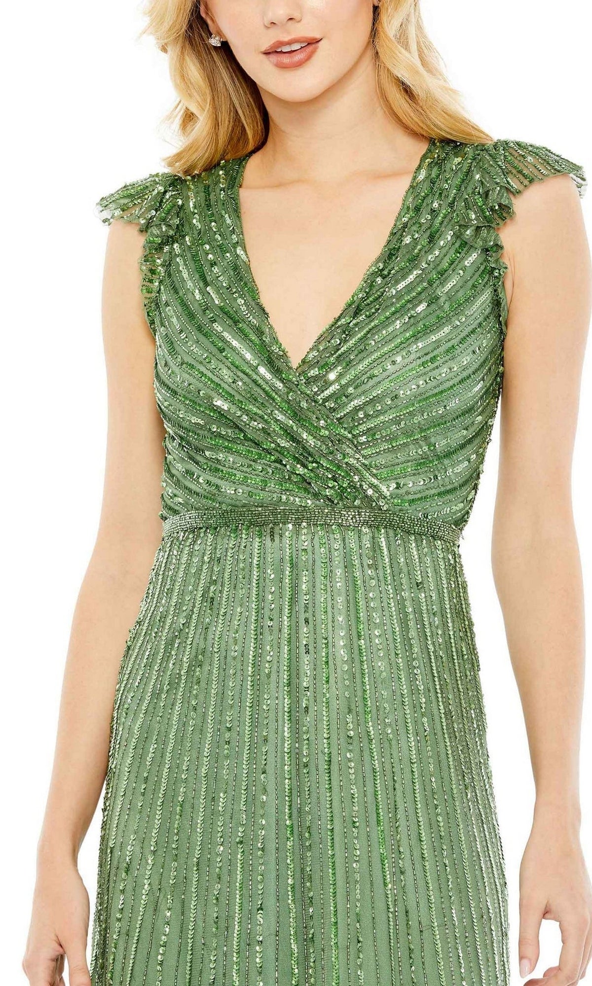 A woman wearing the Mac Duggal 5585 Cap-Sleeve Midi Party Dress, featuring a V-neck, green beaded semi-formal design with pleated details and embellished shoulders.